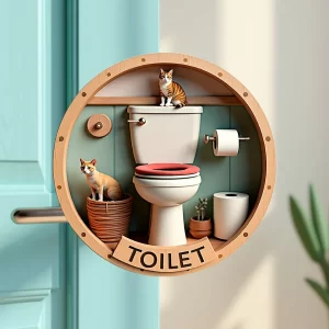 Placa Decorativa Mdf Redonda Banheiro Divertido Gato Fofo 20x20cm 2D – MOD.02