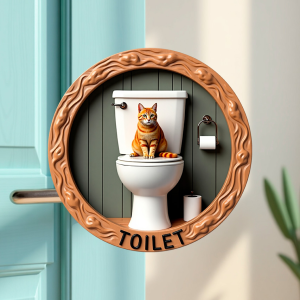 Placa Decorativa Mdf Redonda Banheiro Divertido Gato Fofo 20x20cm 2D – MOD.04