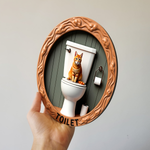 Placa Decorativa Mdf Redonda Banheiro Divertido Gato Fofo 20x20cm 2D