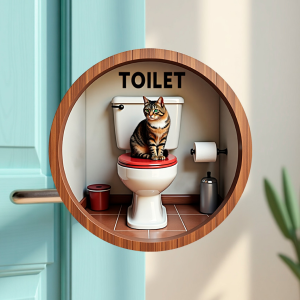 Placa Decorativa Mdf Redonda Banheiro Divertido Gato Fofo 20x20cm 2D – MOD.08
