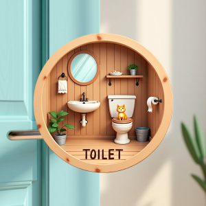 Placa Decorativa Mdf Redonda Banheiro Divertido Gato Fofo 20x20cm 2D – MOD.18