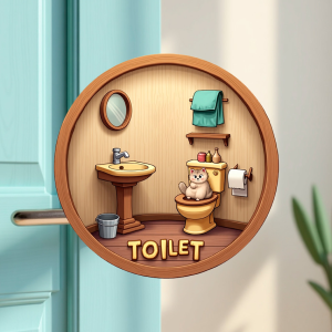 Placa Decorativa Mdf Redonda Banheiro Divertido Gato Fofo 20x20cm 2D – MOD.22