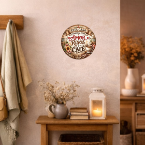 Placa Decorativa – Esta Casa funciona com amor, risos e café – 20x20cm – 2D