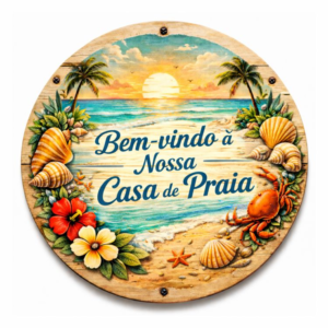 Placa Decorativa "Bem-vindo à Nossa Casa de Praia" – Estilo Praiano Aconchegante em MDF 20x20cm - 2D
