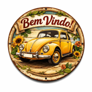 Placa Decorativa “Bem-vindo!” com Carro Vintage, praia – Estilo Retrô em MDF 20x20cm – 2D – Fusca-p-01