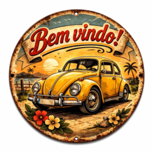 Placa Decorativa "Bem-vindo!" com Carro Vintage, praia – Estilo Retrô em MDF 20x20cm - 2D