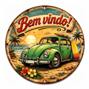 Placa Decorativa “Bem-vindo!” com Carro Vintage, praia – Estilo Retrô em MDF 20x20cm – 2D – Fusca-p-03