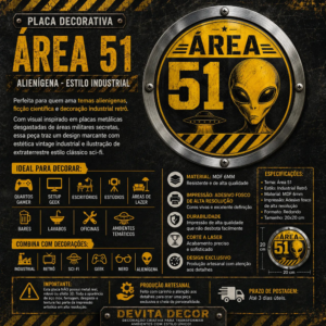 Placa Decorativa Área 51 Alienígena Estilo Industrial Retrô Área 51 Alienígena Estilo Industrial
