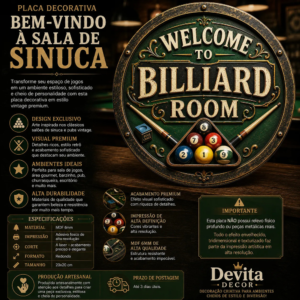 Placa Decorativa Bem-vindo À Sala De Sinuca Estilo Vintage Welcome To Billiard Room