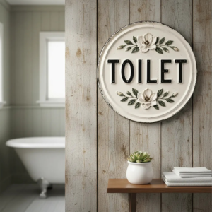Placa Decorativa Toilet Redonda Vintage Banheiro  Mdf 2d Toilet Branco