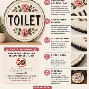Placa Decorativa Toilet Redonda Vintage Banheiro  Mdf 2d Toilet Branco
