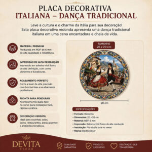 Placa Decorativa Redonda Dança Tradicional Italiana 20x20cm Dança Tradicional Italiana