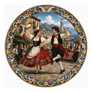 Placa Decorativa Redonda Dança Tradicional Italiana 20x20cm Dança Tradicional Italiana