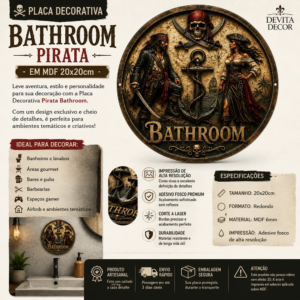 Placa 2d Banheiro Pirata Bathroom Elementos Náuticos 20x20cm Banheiro Pirata
