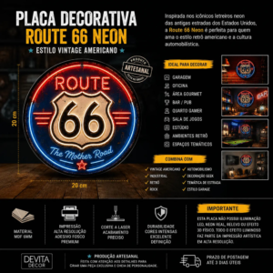 Placa Decorativa Route 66 Vintage Estilo Retrô Americano Mdf Route 66 Neon