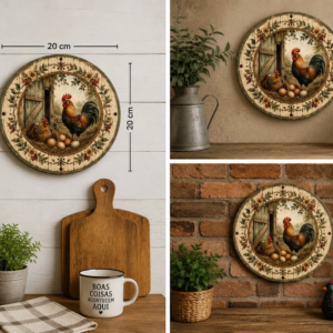 Placa Decorativa Galo Galinha  Estilo Farmhouse Vintage Encantos Da Fazenda Vintage