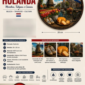 Placa Decorativa Holanda Moinhos, Tulipas, Canais E Cultura Holanda