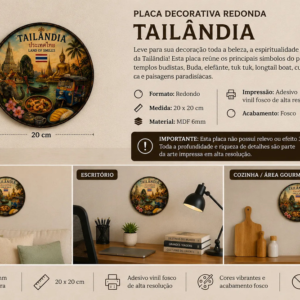 Placa Decorativa Redonda Tailândia Templos Elefante Tuk-tuk Tailândia