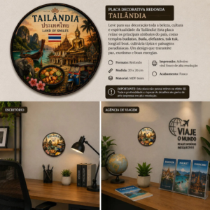 Placa Decorativa Redonda Tailândia Templos Elefante Tuk-tuk Tailândia