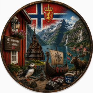 Placa Decorativa Noruega Fiordes Barco Viking Igreja Alce Noruega