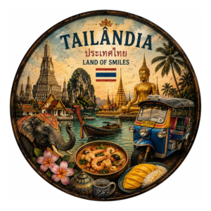 Placa Decorativa Redonda Tailândia Templos Elefante Tuk-tuk Tailândia