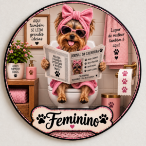 Placa Decorativa Banheiro Cachorro Lendo Jornal Fem Cachorra Banheiro Feminino