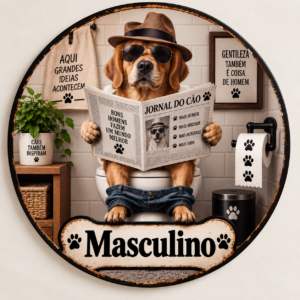 Placa Decorativa Banheiro Cachorro Lendo Jornal Masculino Cachorro Banheiro Masculino