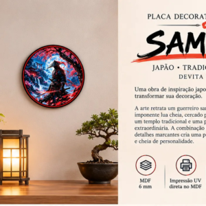 Placa Decorativa Redonda Samurai Japonês Lua Cheia Cerejeira Samurai Japonês Cerejeiras