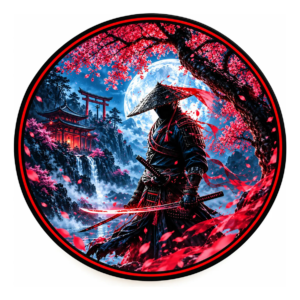 Placa Decorativa Redonda Samurai Japonês Lua Cheia Cerejeira Samurai Japonês Cerejeiras