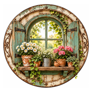 Placa Decorativa Janela Rústica Com Flores Mdf 20x20cm Decor Janela Rústica Flores